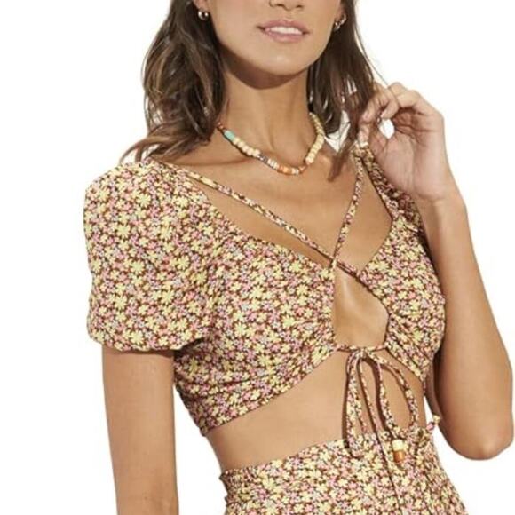 Maaji Tops - Maaji Radiant Meadow Riley Crop Top Floral Multicolor Yellow Pink Tan NWT Size M